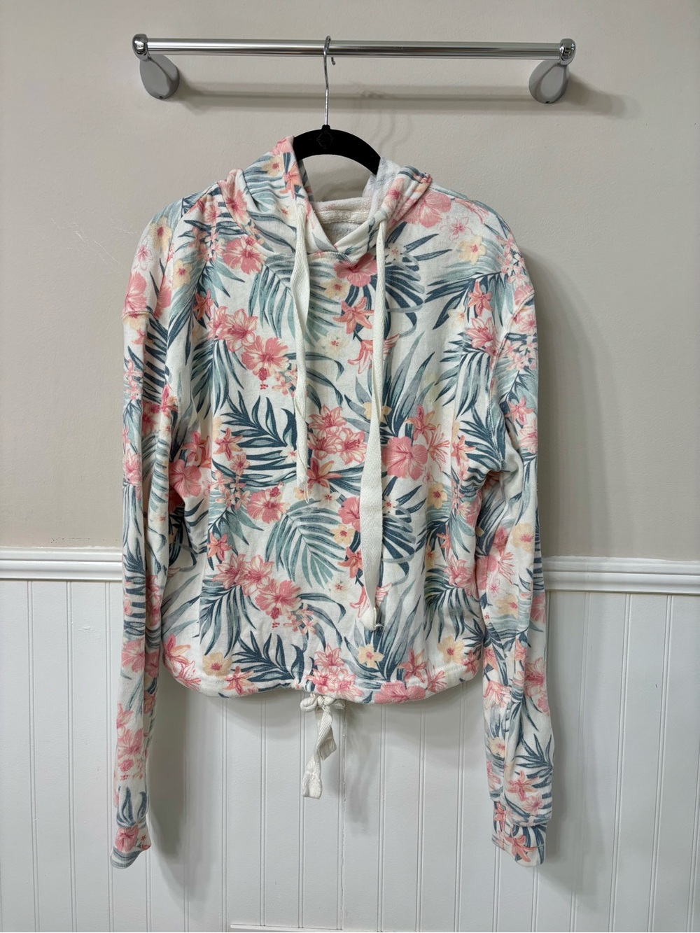 Floral Drawstring Hoodie - White with Pink & Green Print